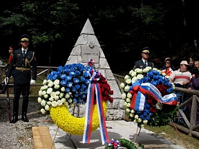 Ceremony to mark the 95th anniversary of the First World War Memorial – the Russian Chapel near Vrsic Mountain Pass, attended by Boris Gryzlov, Speaker of the State Duma of the Russian Federation, 31 July 2011. 
